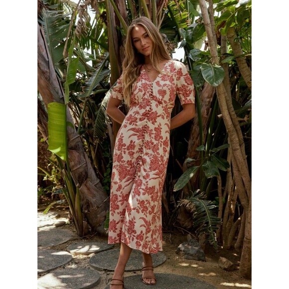 Bohme Tiered Button Midi Dress XS Boho Prairie Short Sleeve Cottagecore Feminine - Picture 4 of 16